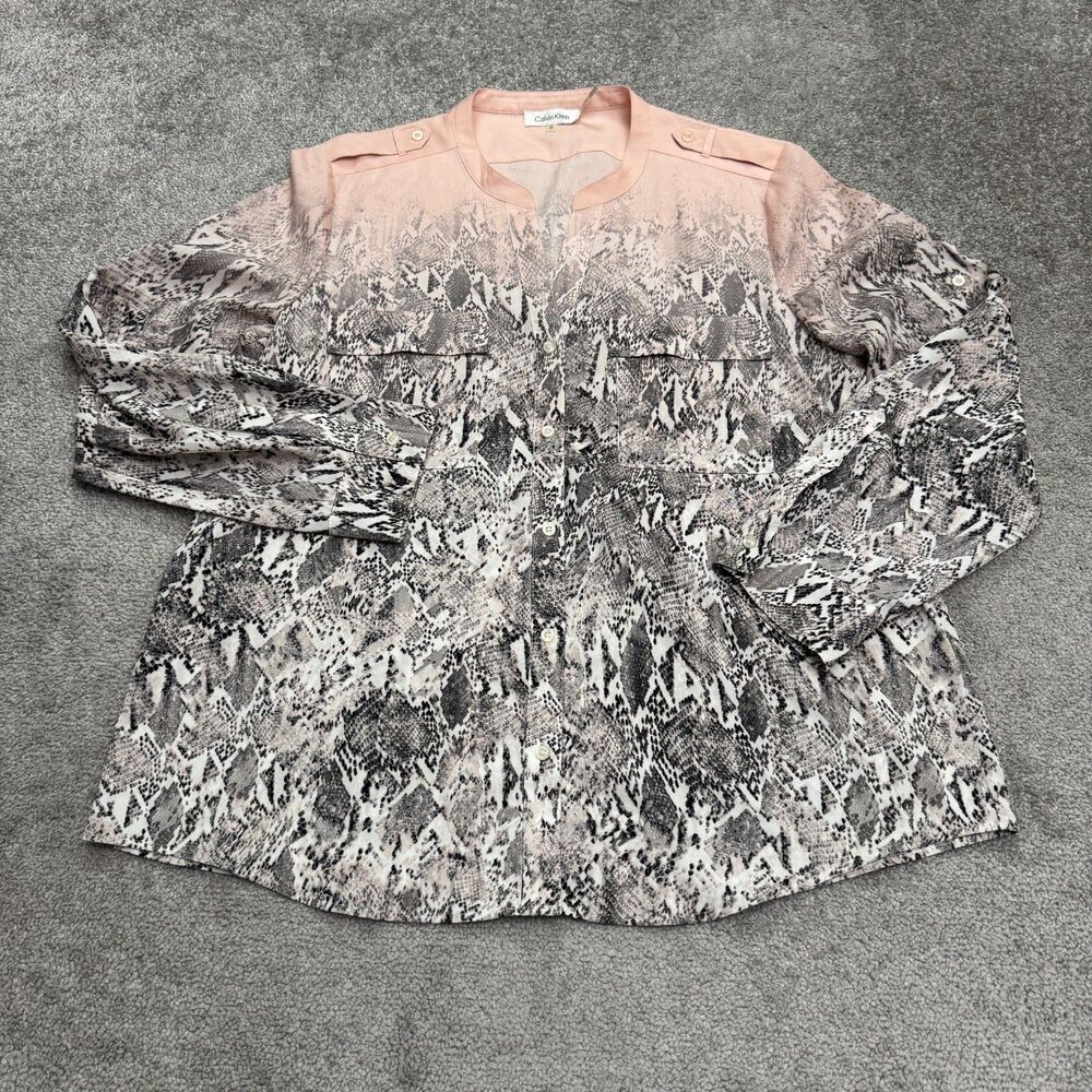 Calvin Klein Snake Print Button Down Tunic Blouse Womens XL Pink Sheer Top NWOT